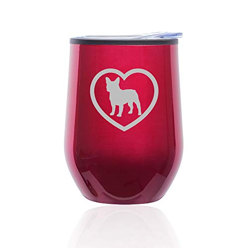 Stemless Wine Tumbler Coffee Travel Mug Glass With Lid French Bulldog Heart (Fuchsia)