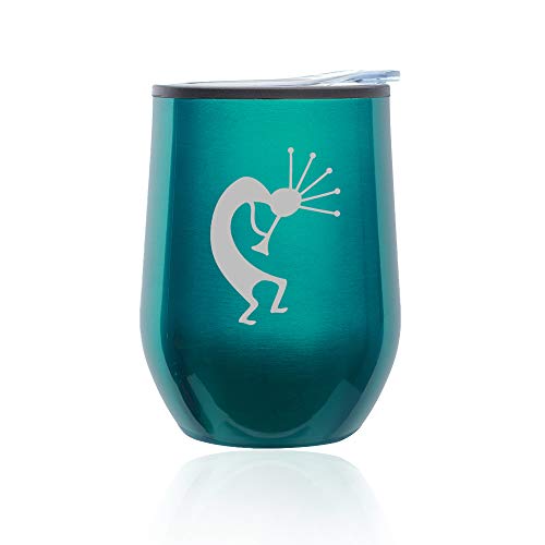 Stemless Wine Tumbler Coffee Travel Mug Glass With Lid Kokopelli (Turquoise Teal)
