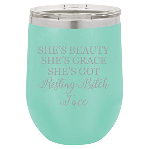 12 oz Double Wall Vacuum Insulated Stainless Steel Stemless Wine Tumbler Glass Coffee Travel Mug With Lid She's Beauty She's Grace She's Got Resting Btch Face Funny (Teal)