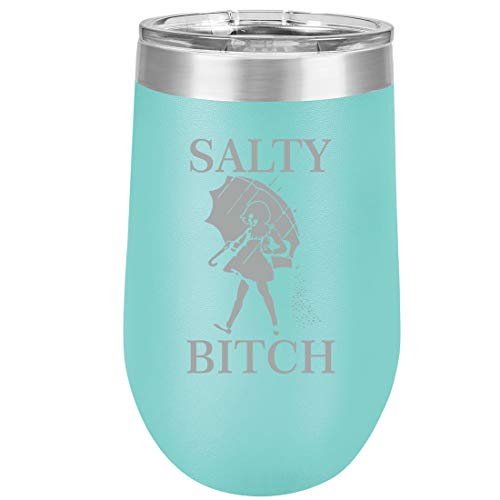 16 oz Double Wall Vacuum Insulated Stainless Steel Stemless Wine Tumbler Glass Coffee Travel Mug With Lid Salty Btch Funny (Teal)