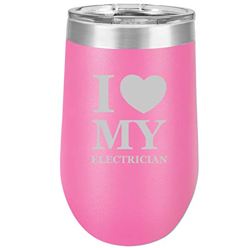 16 oz Double Wall Vacuum Insulated Stainless Steel Stemless Wine Tumbler Glass Coffee Travel Mug With Lid I Love Heart My Electrician (Hot Pink)