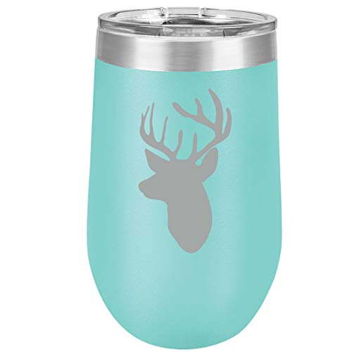 16 oz Double Wall Vacuum Insulated Stainless Steel Stemless Wine Tumbler Glass Coffee Travel Mug With Lid Deer Head With Antlers Hunting (Teal)