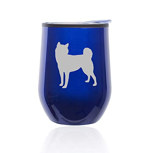 Stemless Wine Tumbler Coffee Travel Mug Glass With Lid Shiba Inu (Blue)