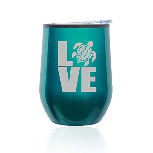 Stemless Wine Tumbler Coffee Travel Mug Glass With Lid Love Sea Turtle (Turquoise Teal)