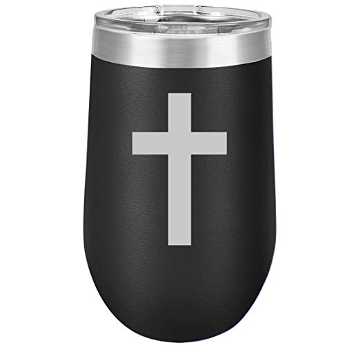 16 oz Double Wall Vacuum Insulated Stainless Steel Stemless Wine Tumbler Glass Coffee Travel Mug With Lid Cross Christian (Black)