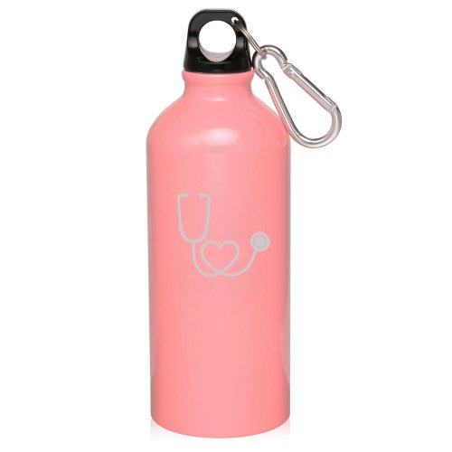 Pink 20oz Aluminum Sports Water Bottle Caribiner Clip ZW102 Nurse Doctor Heart Stethoscope