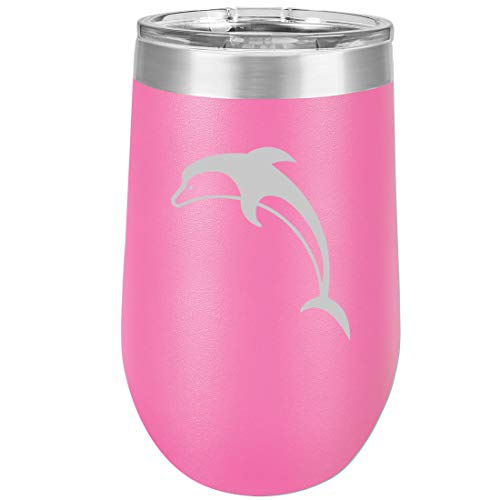 16 oz Double Wall Vacuum Insulated Stainless Steel Stemless Wine Tumbler Glass Coffee Travel Mug With Lid Dolphin (Hot Pink)