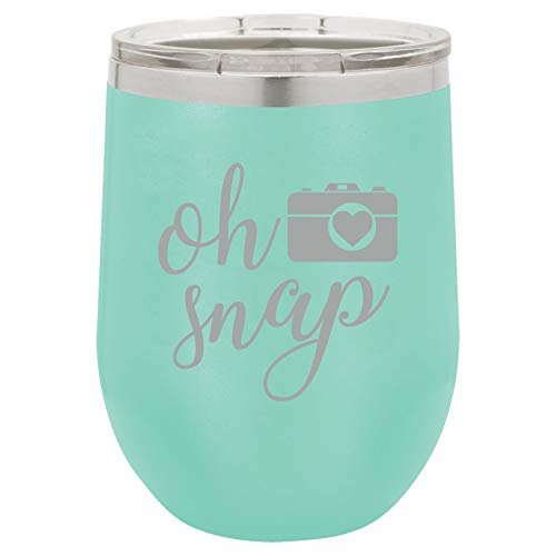 12 oz Double Wall Vacuum Insulated Stainless Steel Stemless Wine Tumbler Glass Coffee Travel Mug With Lid Oh Snap Funny Camera Picture Photographer (Teal)