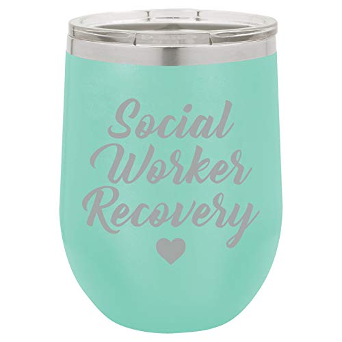 12 oz Double Wall Vacuum Insulated Stainless Steel Stemless Wine Tumbler Glass Coffee Travel Mug With Lid Social Worker Recovery (Teal)