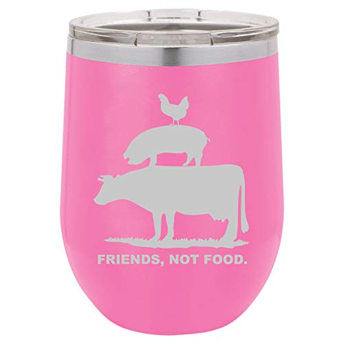 12 oz Double Wall Vacuum Insulated Stainless Steel Stemless Wine Tumbler Glass Coffee Travel Mug With Lid Friends, Not Food Vegan Farm Animal Rights (Hot-Pink)