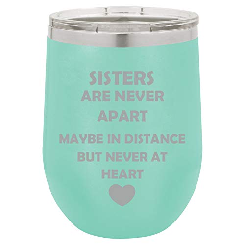 12 oz Double Wall Vacuum Insulated Stainless Steel Stemless Wine Tumbler Glass Coffee Travel Mug With Lid Sisters Long Distance Love (Teal)