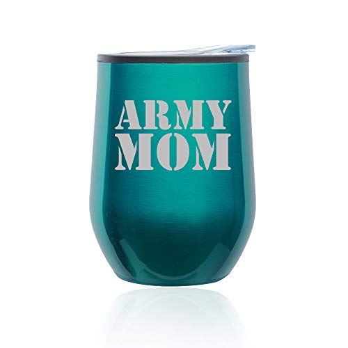 Stemless Wine Tumbler Coffee Travel Mug Glass With Lid Army Mom (Turquoise Teal)