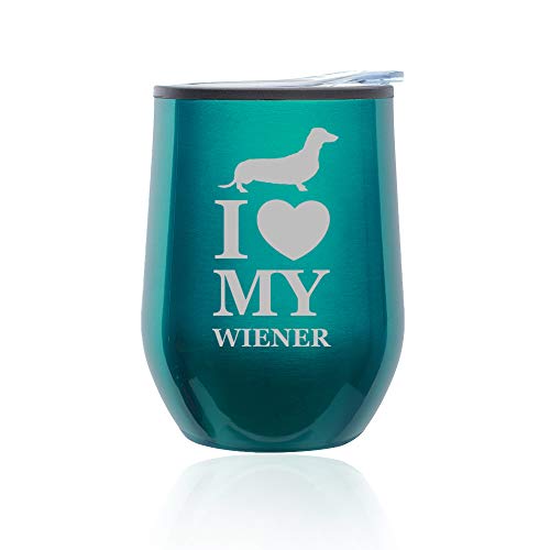 Stemless Wine Tumbler Coffee Travel Mug Glass With Lid I Love My Wiener Dachshund (Turquoise Teal)
