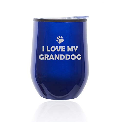 Stemless Wine Tumbler Coffee Travel Mug Glass With Lid I Love My Granddog Grandparent Of Dog Grandpa Grandma (Blue)