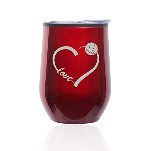Stemless Wine Tumbler Coffee Travel Mug Glass With Lid Love Heart Basketball (Red)