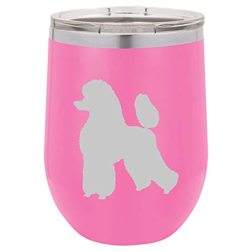 12 oz Double Wall Vacuum Insulated Stainless Steel Stemless Wine Tumbler Glass Coffee Travel Mug With Lid Poodle (Hot-Pink)