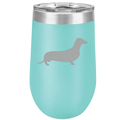 16 oz Double Wall Vacuum Insulated Stainless Steel Stemless Wine Tumbler Glass Coffee Travel Mug With Lid Dachshund (Teal)