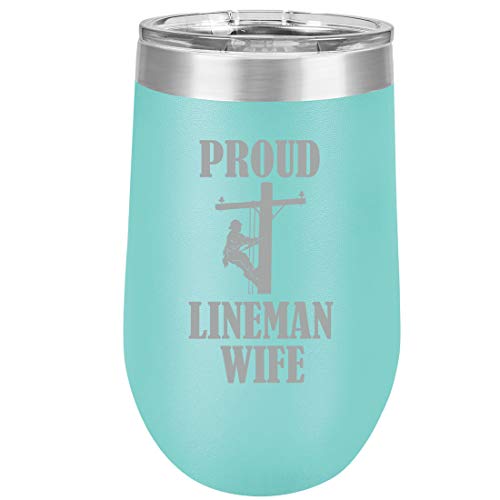 16 oz Double Wall Vacuum Insulated Stainless Steel Stemless Wine Tumbler Glass Coffee Travel Mug With Lid Proud Lineman Wife (Teal)