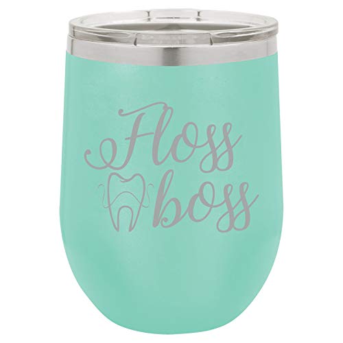 12 oz Double Wall Vacuum Insulated Stainless Steel Stemless Wine Tumbler Glass Coffee Travel Mug With Lid Floss Boss Dentist Dental Hygienist (Teal)