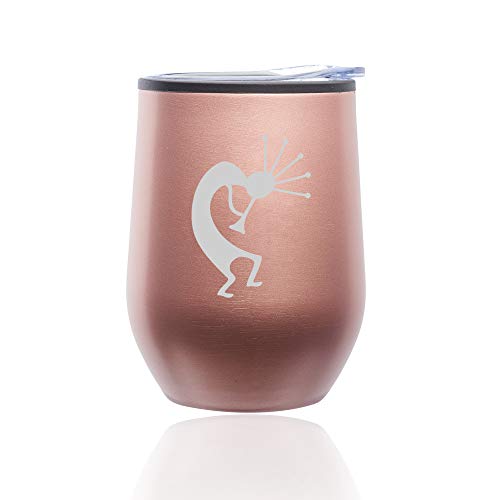 Stemless Wine Tumbler Coffee Travel Mug Glass With Lid Kokopelli (Rose Gold)