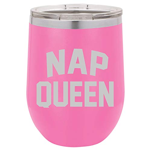 12 oz Double Wall Vacuum Insulated Stainless Steel Stemless Wine Tumbler Glass Coffee Travel Mug With Lid Nap Queen (Hot-Pink)
