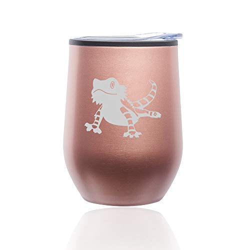 Stemless Wine Tumbler Coffee Travel Mug Glass With Lid Bearded Dragon Lizard (Rose Gold)