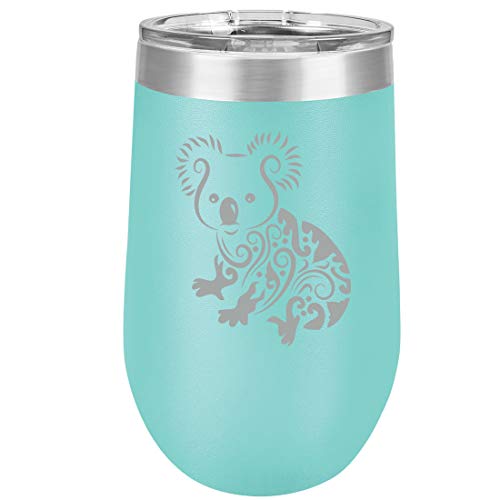 16 oz Double Wall Vacuum Insulated Stainless Steel Stemless Wine Tumbler Glass Coffee Travel Mug With Lid Fancy Koala Bear (Teal)