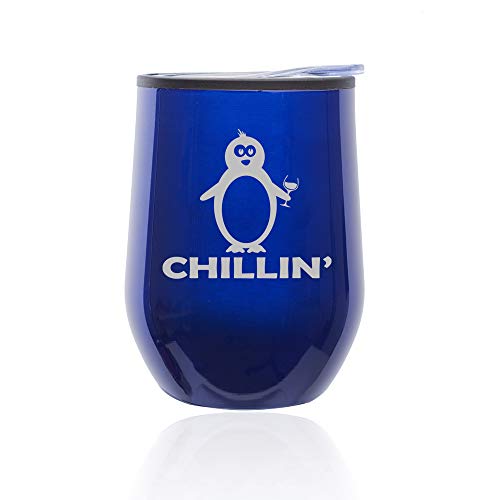 Stemless Wine Tumbler Coffee Travel Mug Glass With Lid Chillin' Penguin Funny (Blue)