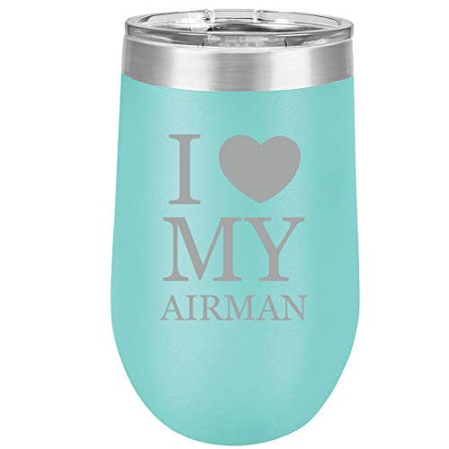 16 oz Double Wall Vacuum Insulated Stainless Steel Stemless Wine Tumbler Glass Coffee Travel Mug With Lid I Love My Airman Airforce (Teal)