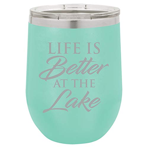 12 oz Double Wall Vacuum Insulated Stainless Steel Stemless Wine Tumbler Glass Coffee Travel Mug With Lid Life Is Better At The Lake (Teal)