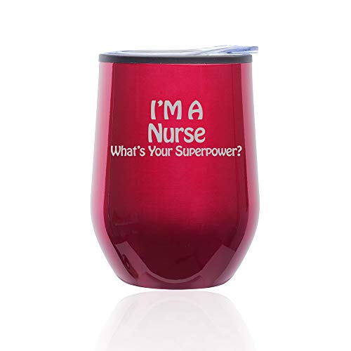 Stemless Wine Tumbler Coffee Travel Mug Glass With Lid Nurse Super Power (Fuchsia)