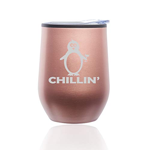 Stemless Wine Tumbler Coffee Travel Mug Glass With Lid Chillin' Penguin Funny (Rose Gold)