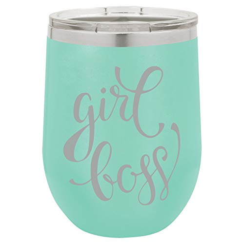 12 oz Double Wall Vacuum Insulated Stainless Steel Stemless Wine Tumbler Glass Coffee Travel Mug With Lid Girl Boss (Teal)