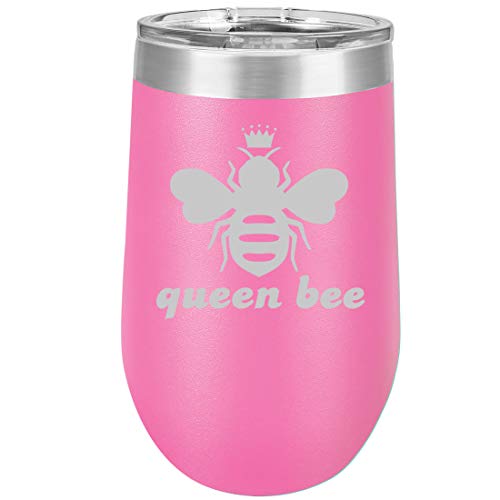 16 oz Double Wall Vacuum Insulated Stainless Steel Stemless Wine Tumbler Glass Coffee Travel Mug With Lid Queen Bee (Hot Pink)