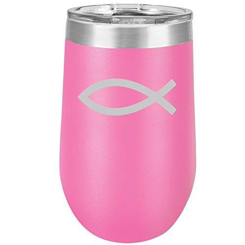 16 oz Double Wall Vacuum Insulated Stainless Steel Stemless Wine Tumbler Glass Coffee Travel Mug With Lid Christian Fish Symbol (Hot Pink)