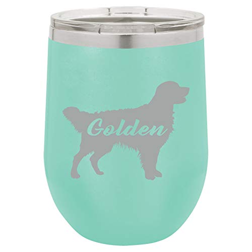 12 oz Double Wall Vacuum Insulated Stainless Steel Stemless Wine Tumbler Glass Coffee Travel Mug With Lid Golden Retriever 'Golden' (Teal)