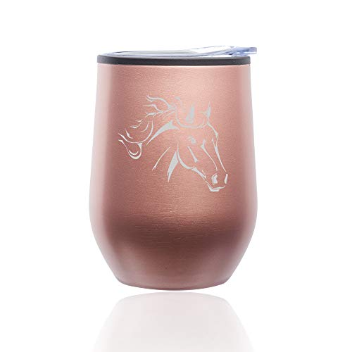 Stemless Wine Tumbler Coffee Travel Mug Glass With Lid Horse Head (Rose Gold)