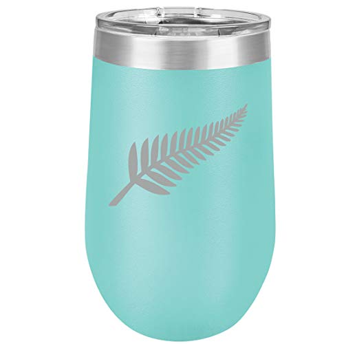 16 oz Double Wall Vacuum Insulated Stainless Steel Stemless Wine Tumbler Glass Coffee Travel Mug With Lid New Zealand Silver Fern (Teal)