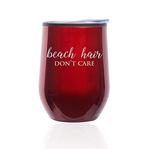 Stemless Wine Tumbler Coffee Travel Mug Glass With Lid Beach Hair Don't Care (Red)