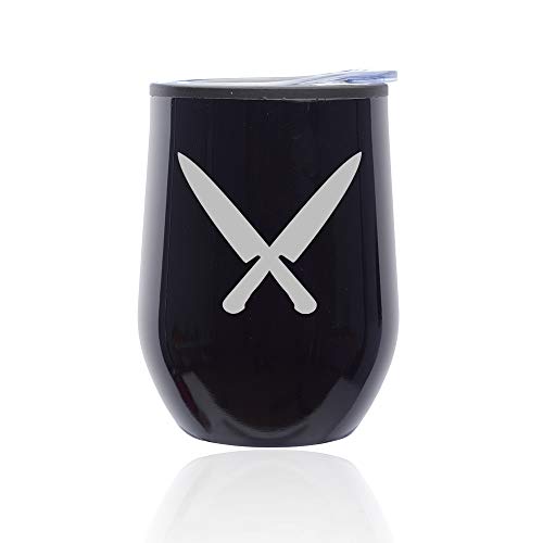 Stemless Wine Tumbler Coffee Travel Mug Glass With Lid Chef Knives (Midnight Black)