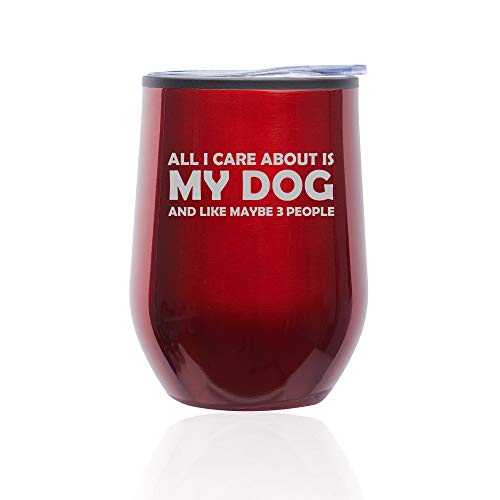 Stemless Wine Tumbler Coffee Travel Mug Glass With Lid All I Care About Is My Dog (Red)