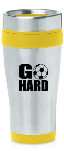 Yellow 16oz Insulated Stainless Steel Travel Mug Z993 Go Hard Soccer