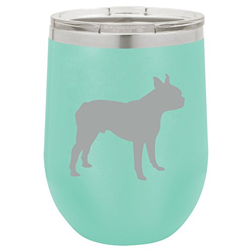 12 oz Double Wall Vacuum Insulated Stainless Steel Stemless Wine Tumbler Glass Coffee Travel Mug With Lid Boston Terrier (Teal)