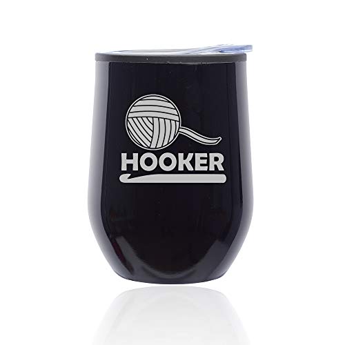Stemless Wine Tumbler Coffee Travel Mug Glass With Lid Funny Crochet Hooker (Midnight Black)