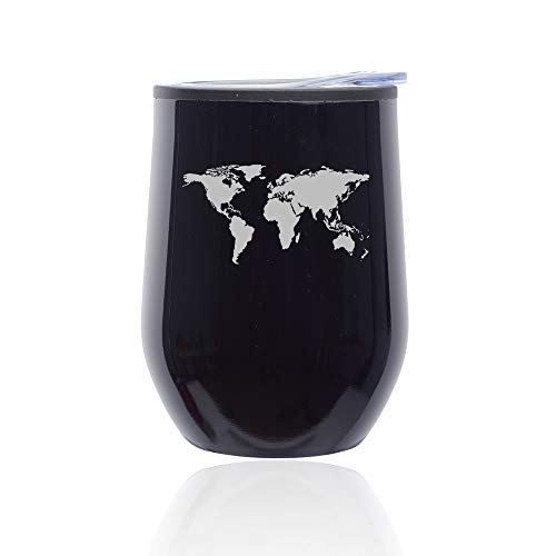 Stemless Wine Tumbler Coffee Travel Mug Glass With Lid World Map (Midnight Black)