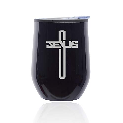 Stemless Wine Tumbler Coffee Travel Mug Glass With Lid Jesus Cross (Midnight Black)