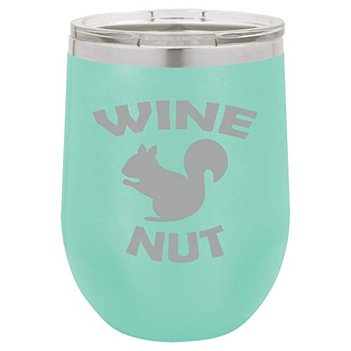 12 oz Double Wall Vacuum Insulated Stainless Steel Stemless Wine Tumbler Glass Coffee Travel Mug With Lid Funny Squirrel Wine Nut (Teal)