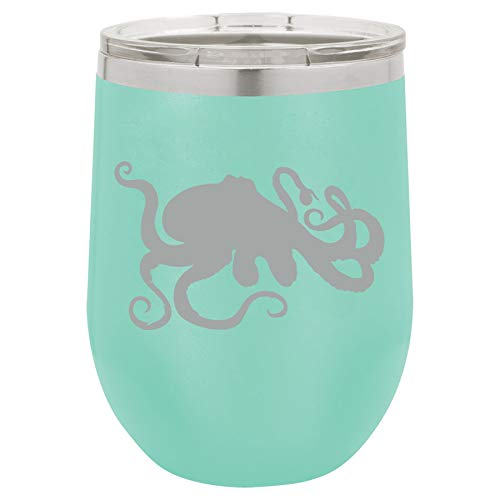 12 oz Double Wall Vacuum Insulated Stainless Steel Stemless Wine Tumbler Glass Coffee Travel Mug With Lid Octopus And Tentacles (Teal)