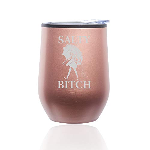 Stemless Wine Tumbler Coffee Travel Mug Glass With Lid Salty Btch Funny (Rose Gold)
