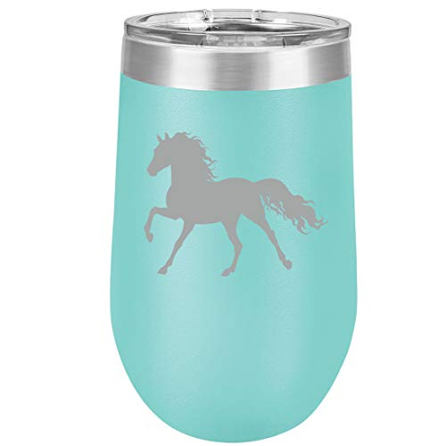 16 oz Double Wall Vacuum Insulated Stainless Steel Stemless Wine Tumbler Glass Coffee Travel Mug With Lid Horse (Teal)